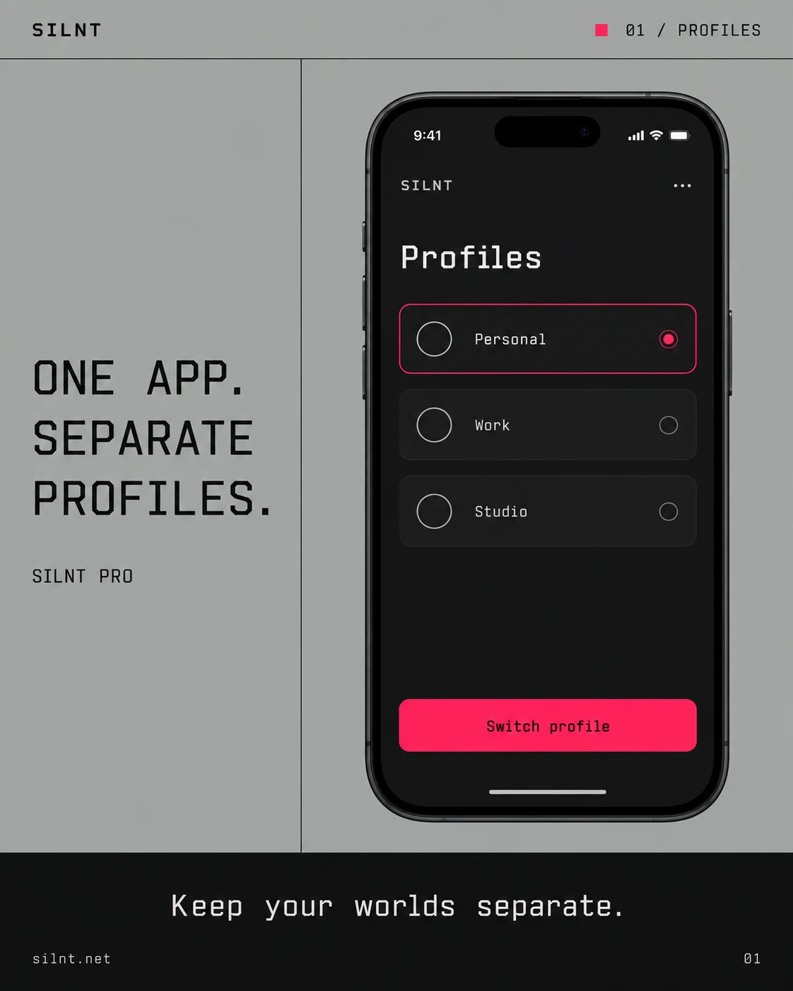 Illustrative SILNT Profiles screen with separate Personal, Work and Studio profiles