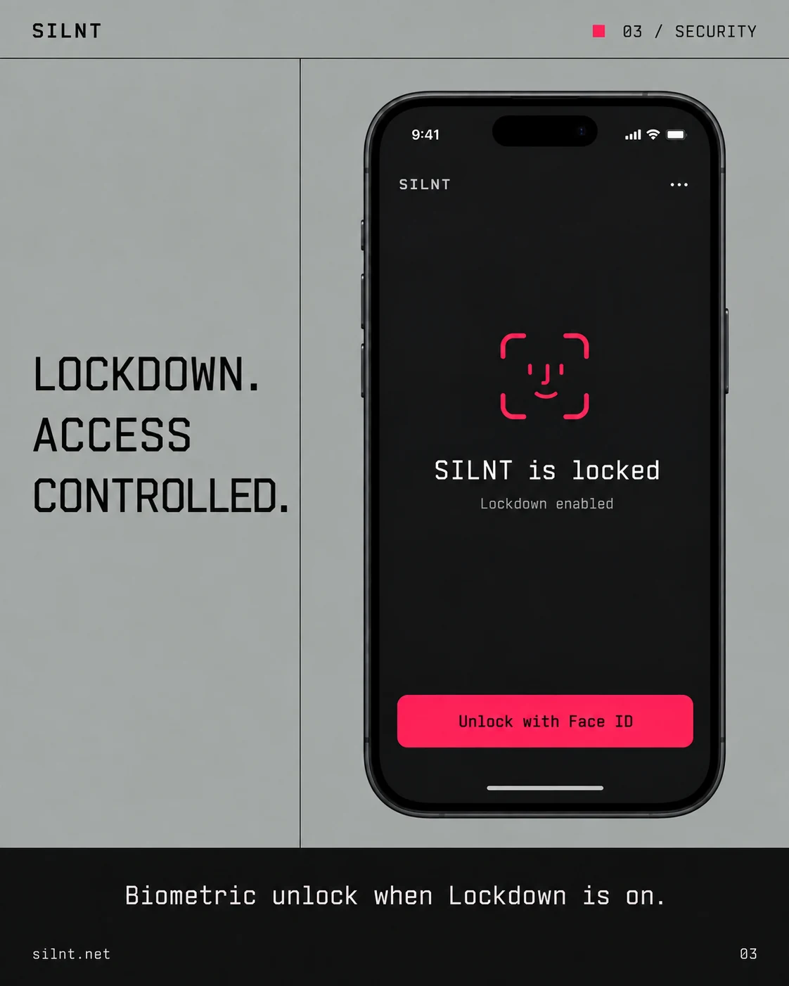 Illustrative SILNT Lockdown screen using Face ID to unlock the app