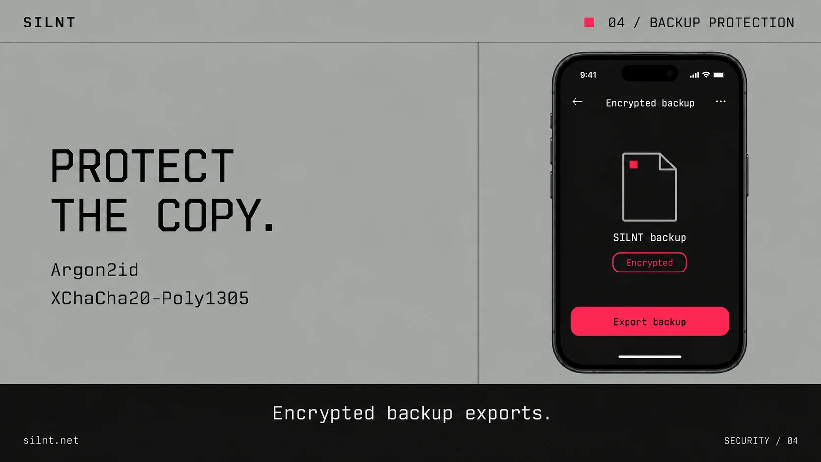 SILNT encrypted backup illustration explaining XChaCha20-Poly1305 and Argon2id